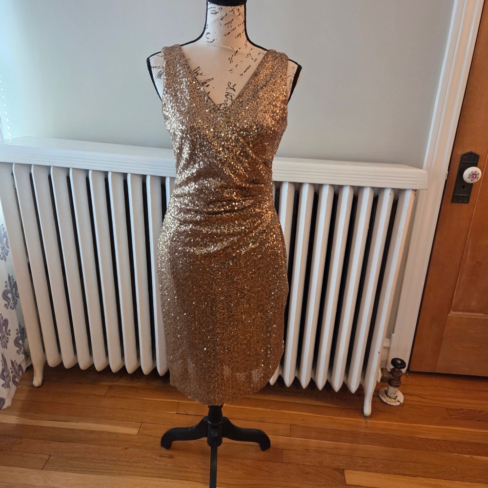 Lauren RL Sparkly Gold Glam Sequin Surplice V-Neck Sheath Cocktail Dress Sz 6 - Picture 4 of 12